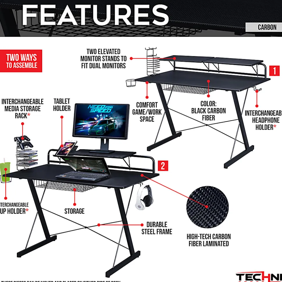 Techni Sport 48"W Carbon Gaming Computer Desk With Shelving, Black