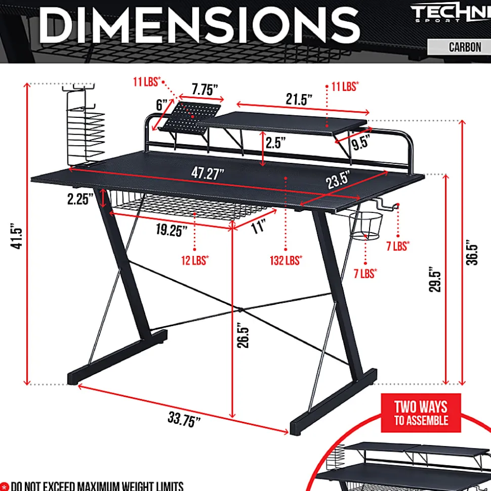 Techni Sport 48"W Carbon Gaming Computer Desk With Shelving, Black