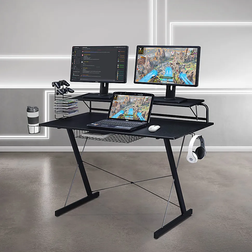 Techni Sport 48"W Carbon Gaming Computer Desk With Shelving, Black