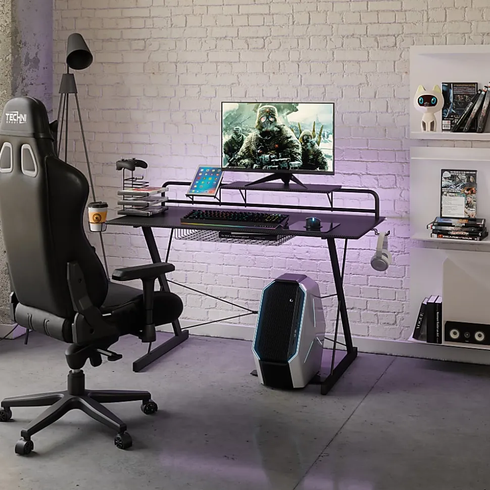 Techni Sport 48"W Carbon Gaming Computer Desk With Shelving, Black
