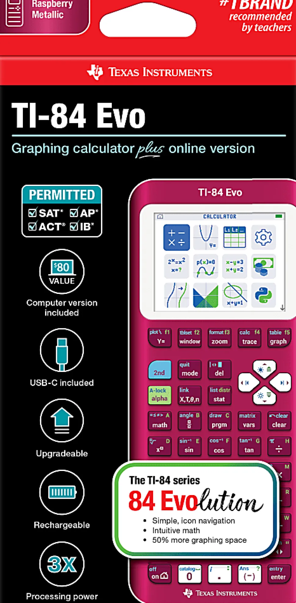 Texas Instruments TI-84 Evo Graphing Calculator, Raspberry Metallic, Total Qty 1
