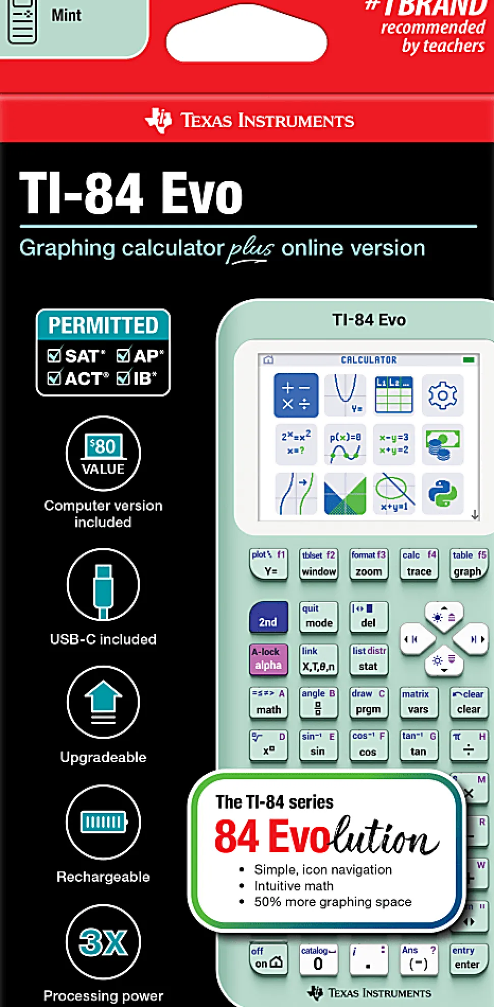 Texas Instruments TI-84 Evo Graphing Calculator, Mint, Total Qty 1