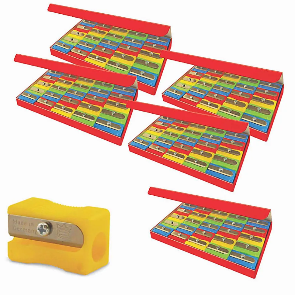 The Pencil Grip Eisen Pencil Sharpeners, 1 Hole, Assorted Colors, 25 Sharpeners Per Pack, Set Of 5 Packs