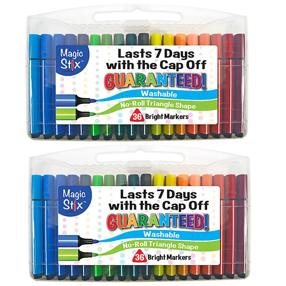 The Pencil Grip Magic Stix Triangular Markers, Bullet Point, Assorted Colors, 36 Markers Per Pack, Set Of 2 Packs