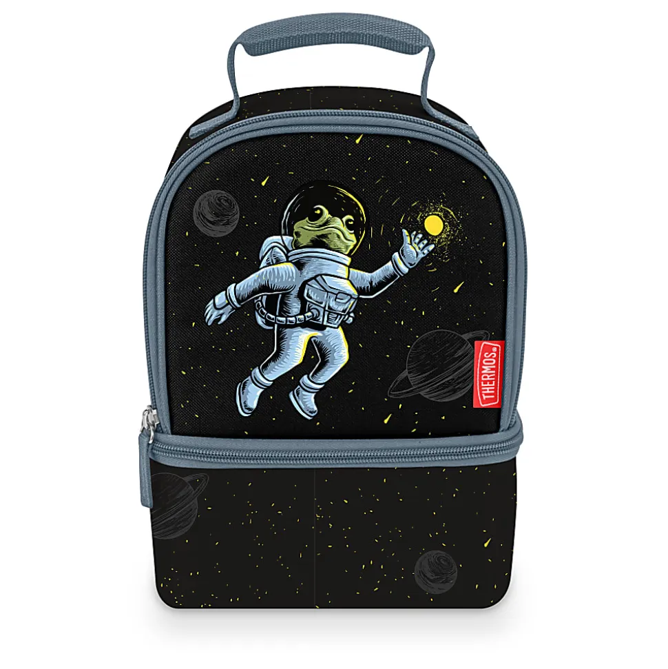 Thermos Dual Compartment Lunch Box Space Frog, 8in x 5in x11in, Multicolor on black background, 1PC