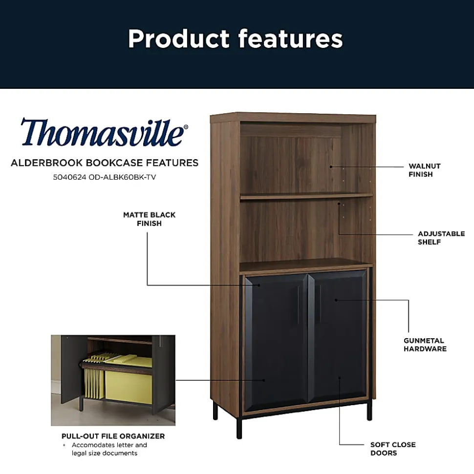 Thomasville® Alderbrook 60"H 3-Shelf Bookcase With Storage, Walnut/Matte Black