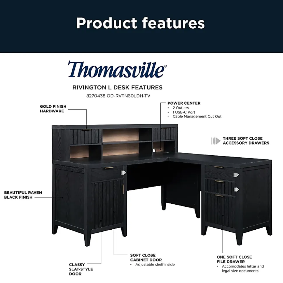 Thomasville® Rivington 60"W L-Shaped Corner Desk & Hutch With Integrated Power Outlet, Raven Black