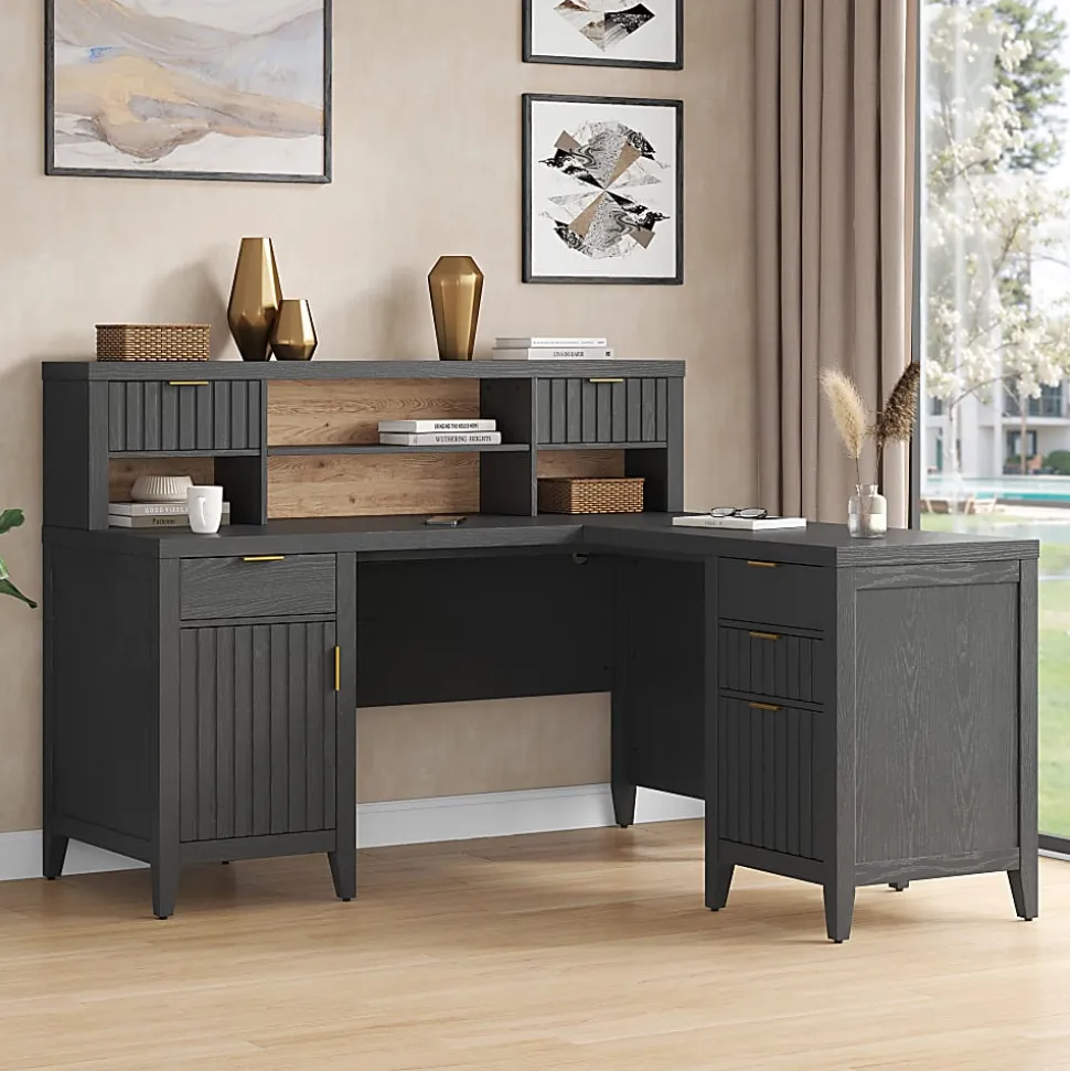 Thomasville® Rivington 60"W L-Shaped Corner Desk & Hutch With Integrated Power Outlet, Raven Black