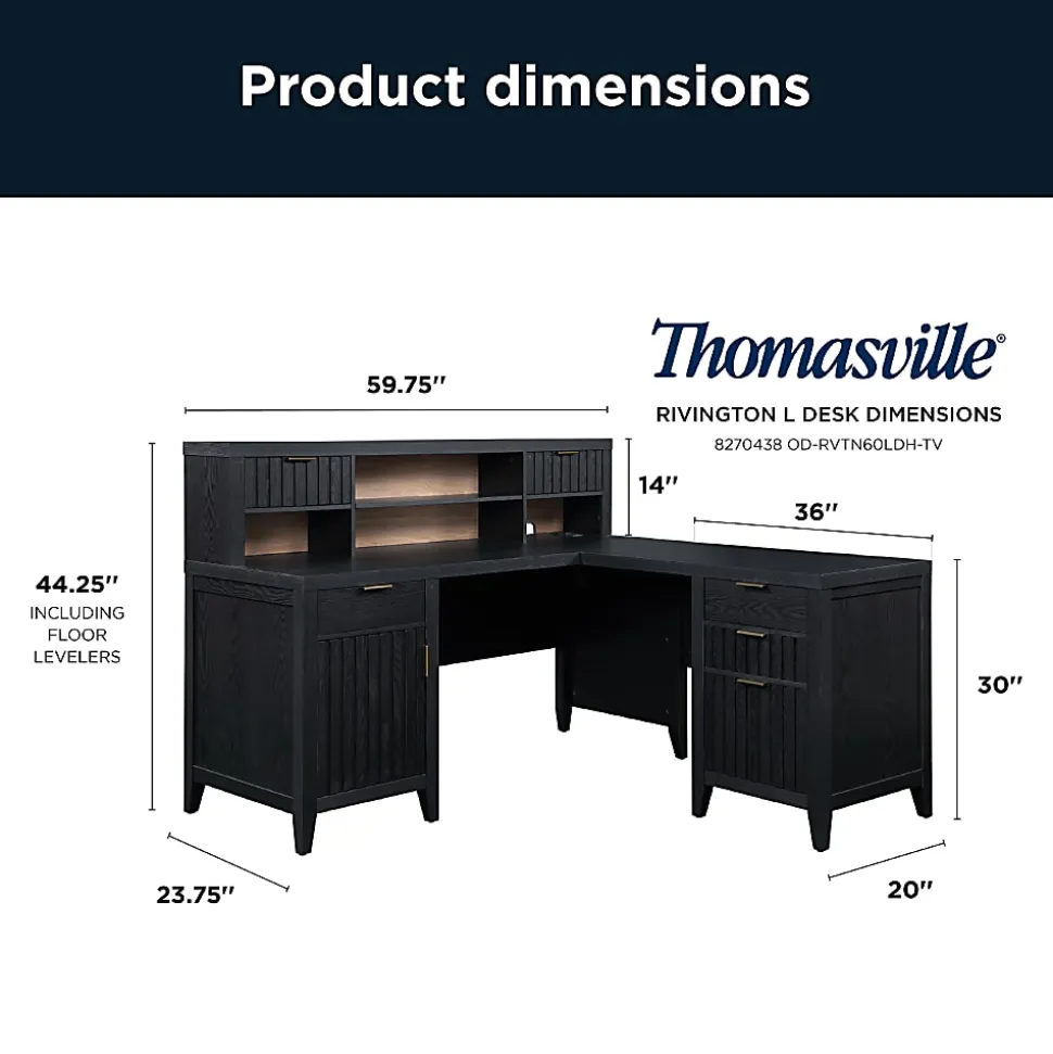 Thomasville® Rivington 60"W L-Shaped Corner Desk & Hutch With Integrated Power Outlet, Raven Black
