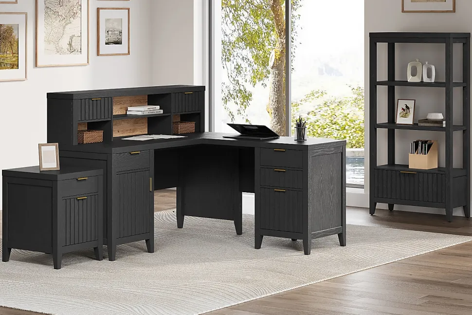 Thomasville® Rivington 60"W L-Shaped Corner Desk & Hutch With Integrated Power Outlet, Raven Black