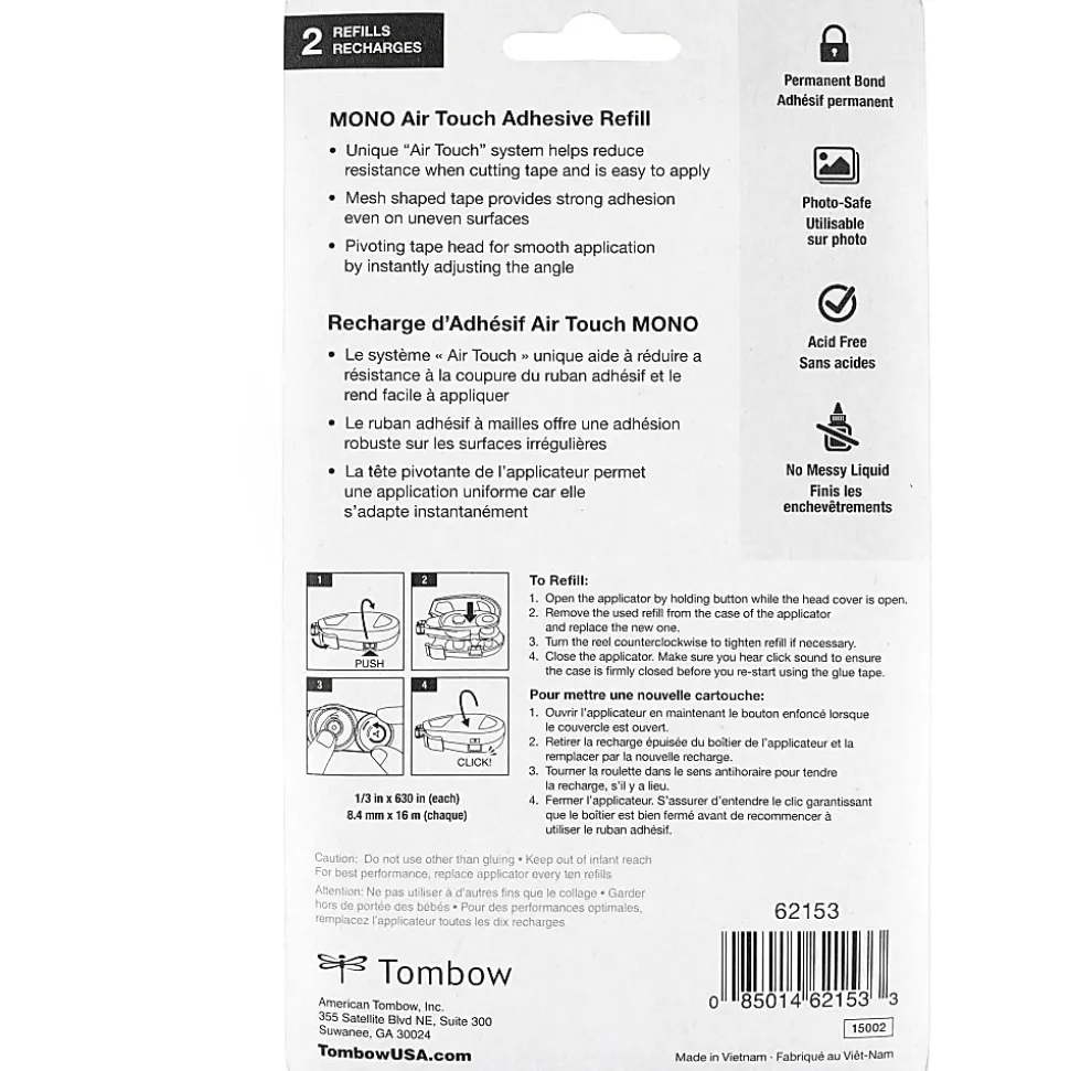 Tombow Refill 2-Pack, MONO Air Touch Adhesive - 17.50 yd Length x 0.33" Width - White - 2 / Pack