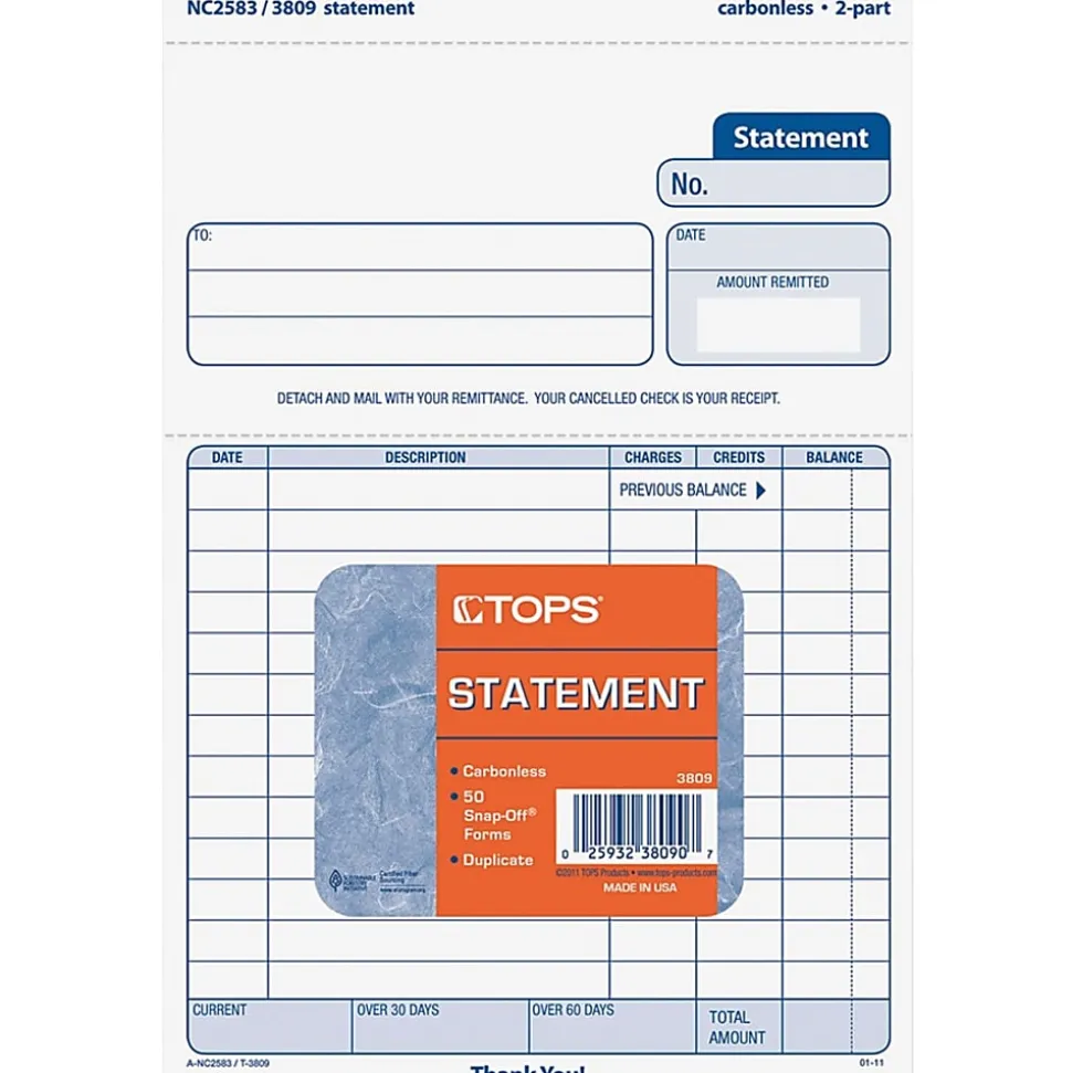 TOPS Carbonless 2-part Statement Sets - 2 Part - Carbonless Copy - 8.50" x 5.50" Form Size - Canary - White Sheet(s) - 50 / Pack