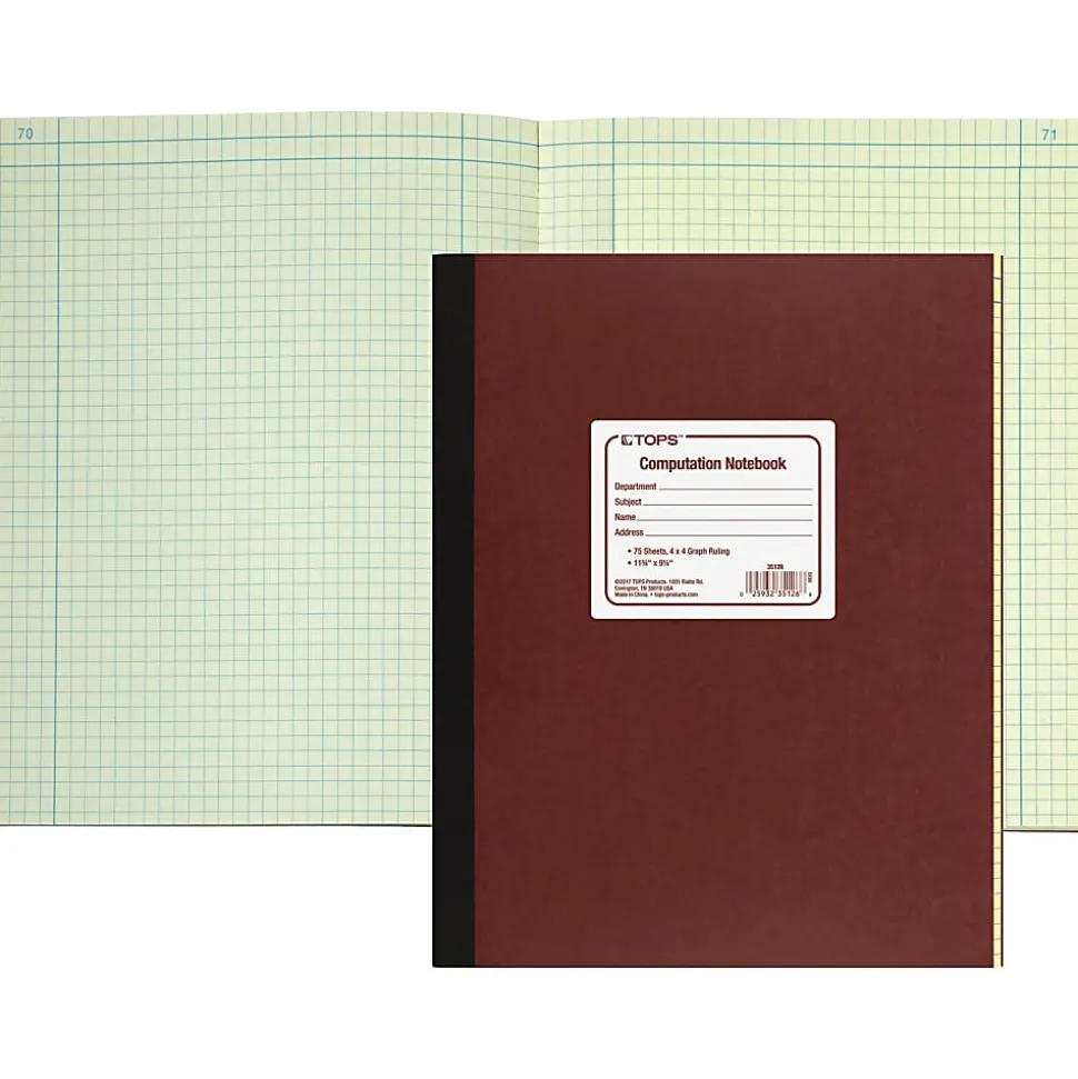 TOPS™ Computation Notebook, 11 3/4" x 9 1/4", 4 x 4 Quad, 75 Sheets