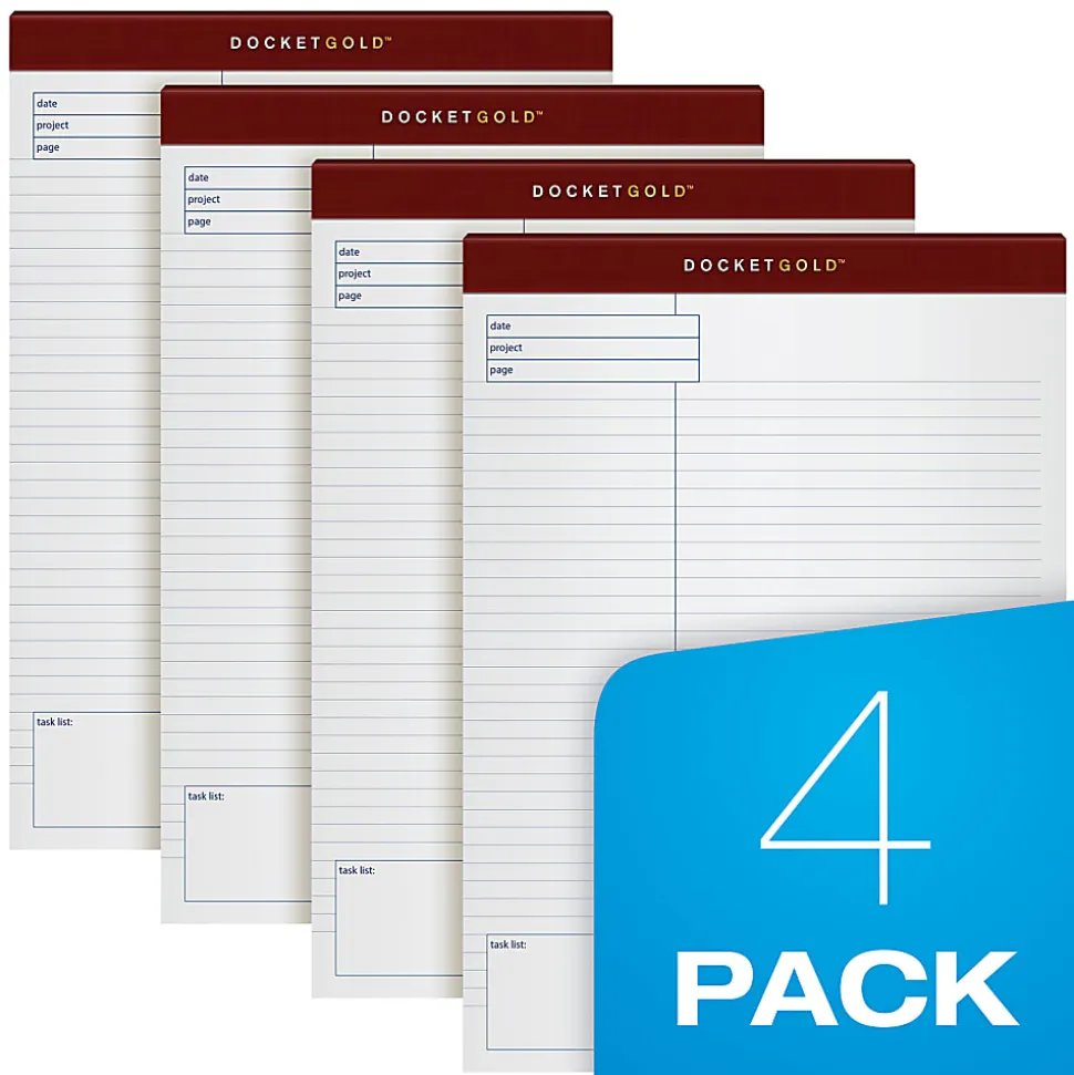 TOPS™ Docket Gold™ Premium Writing Pads, 8 1/2" x 11 3/4", Wide Ruled, 40 Sheets, White, Pack Of 4 Pads