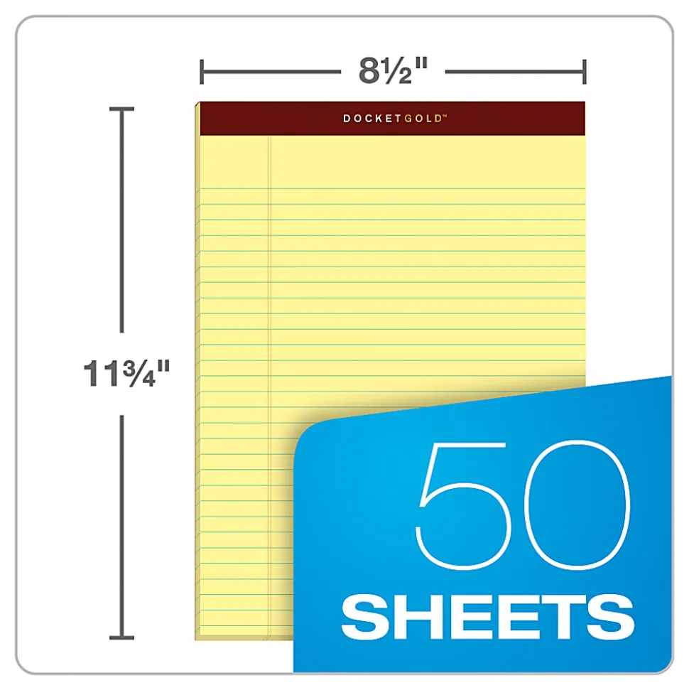 TOPS™ Docket Gold™ Premium Writing Pads, 8 1/2" x 11 3/4", Legal Ruled, 50 Sheets, Canary, Pack Of 12 Pads