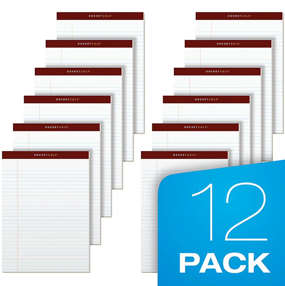 TOPS™ Docket Gold™ Premium Writing Pads, 8 1/2" x 11 3/4", Legal Ruled, 50 Sheets, White, Pack Of 12 Pads