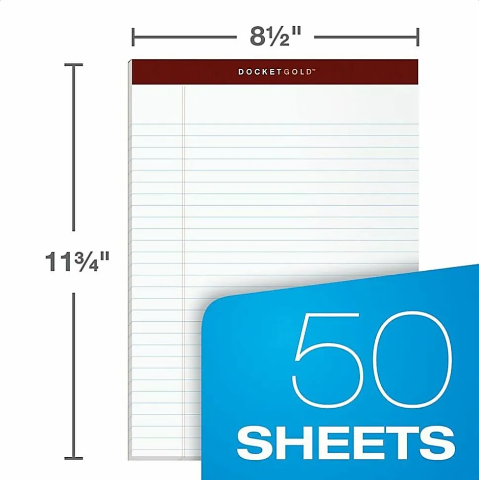 TOPS™ Docket Gold™ Premium Writing Pads, 8 1/2" x 11 3/4", Legal Ruled, 50 Sheets, White, Pack Of 12 Pads