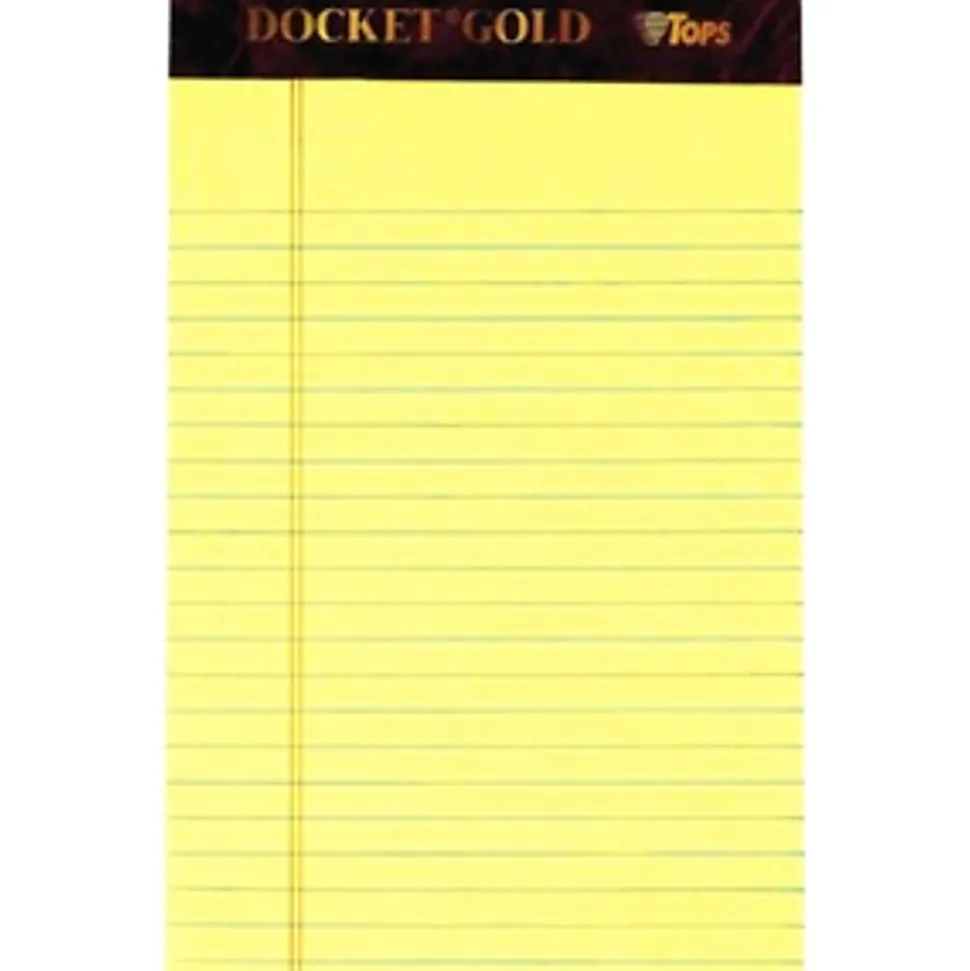 TOPS™ Docket Gold™ Premium Writing Pads, 5" x 8", Jr. Legal Rule, Canary, 50 Sheets Per Pad, Pack Of 6 Pads