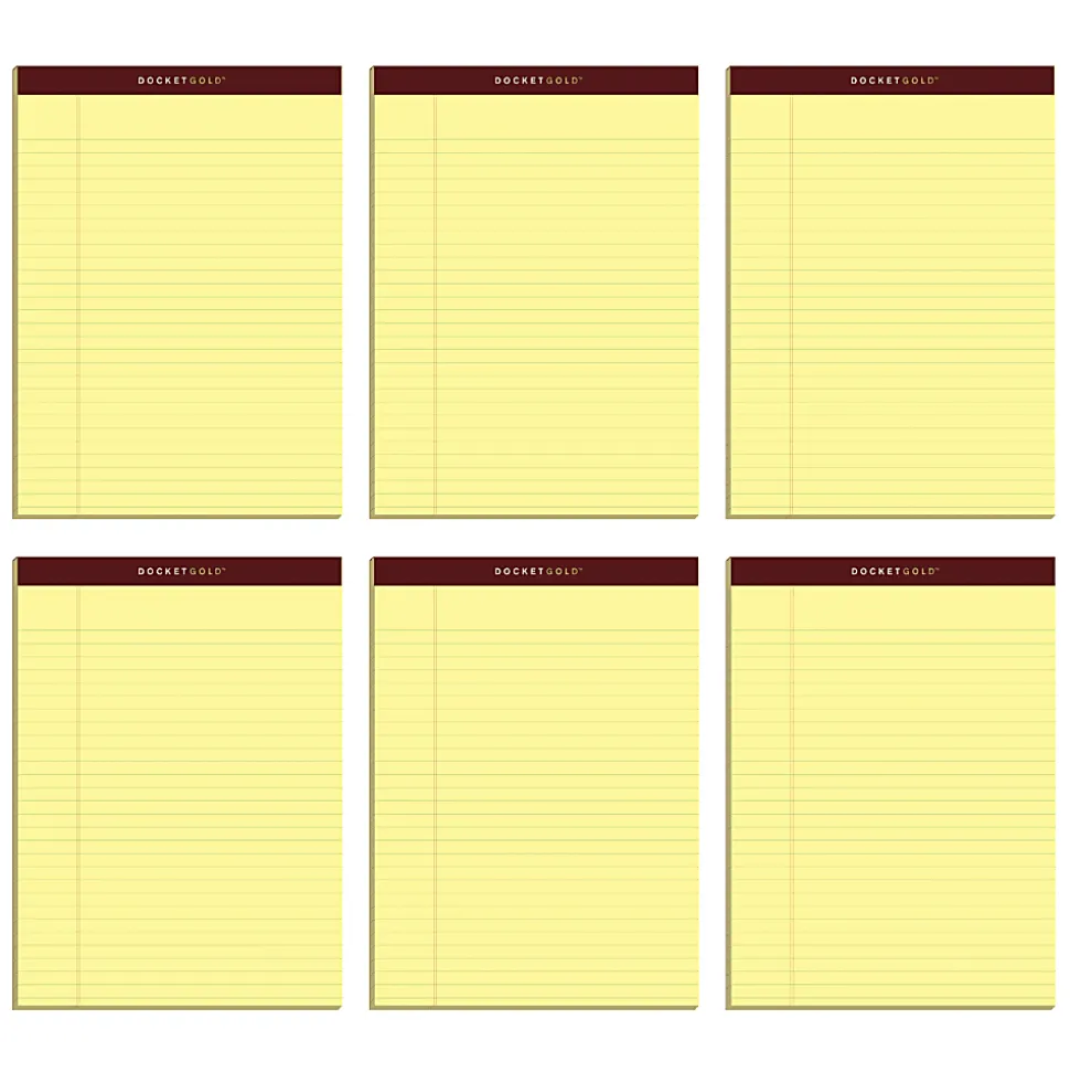 TOPS™ Docket Gold™ Premium Writing Pads, 8 1/2" x 11 3/4", Legal Ruled, 50 Sheets, Canary, Pack Of 6 Pads