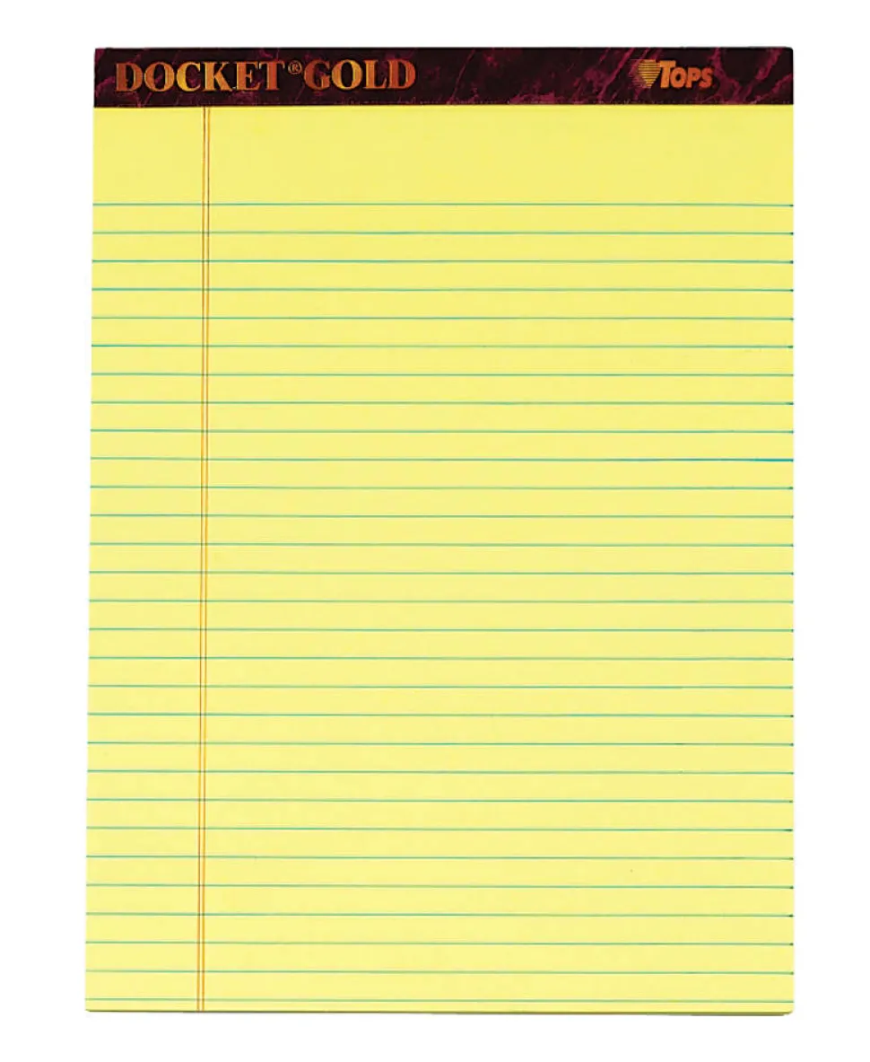 TOPS™ Docket Gold™ Premium Writing Pads, 8 1/2" x 11 3/4", Legal Ruled, 50 Sheets, Canary, Pack Of 6 Pads