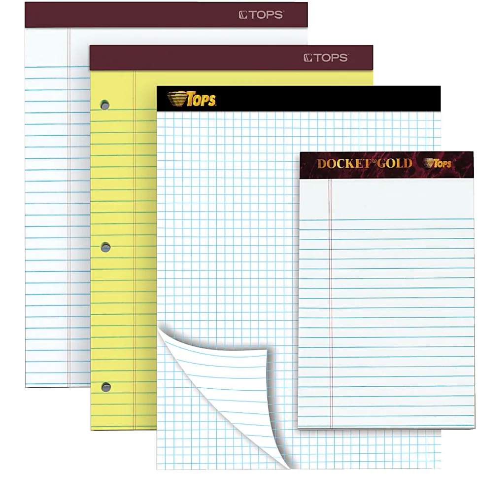 TOPS™ Double Docket® Gold Writing Pad, 8 1/2" x 11", Quad/Narrow Ruled, 160 Pages (80 Sheets), White