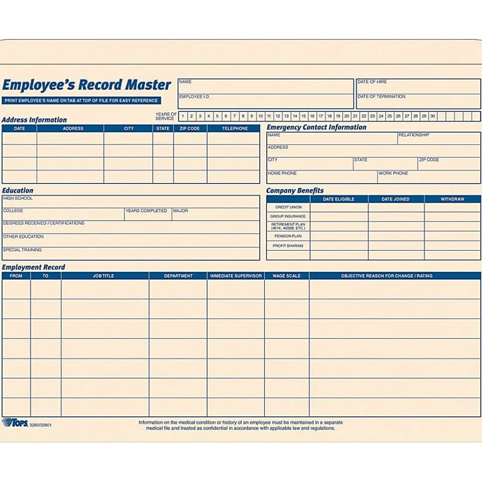 TOPS® Employee Record Master File Jackets, 11 3/4" x 9 1/2", Manila, Pack Of 20