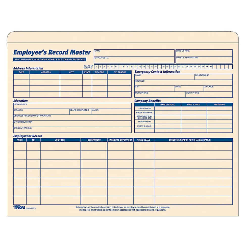 TOPS® Employee Record Master File Jackets, 11 3/4" x 9 1/2", Manila, Pack Of 20