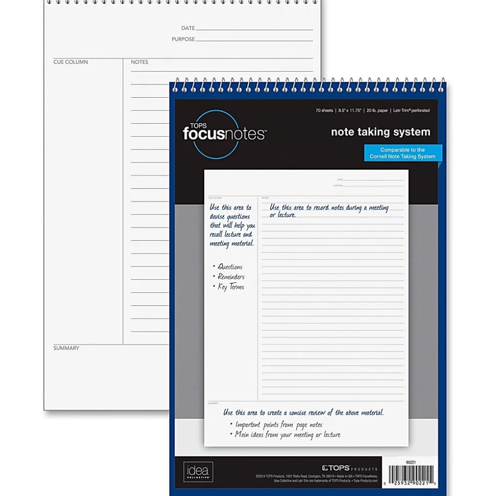 TOPS™ FocusNotes™ Top-Wire Notebook, 8 1/2" x 11", 70 Sheets, Blue/White