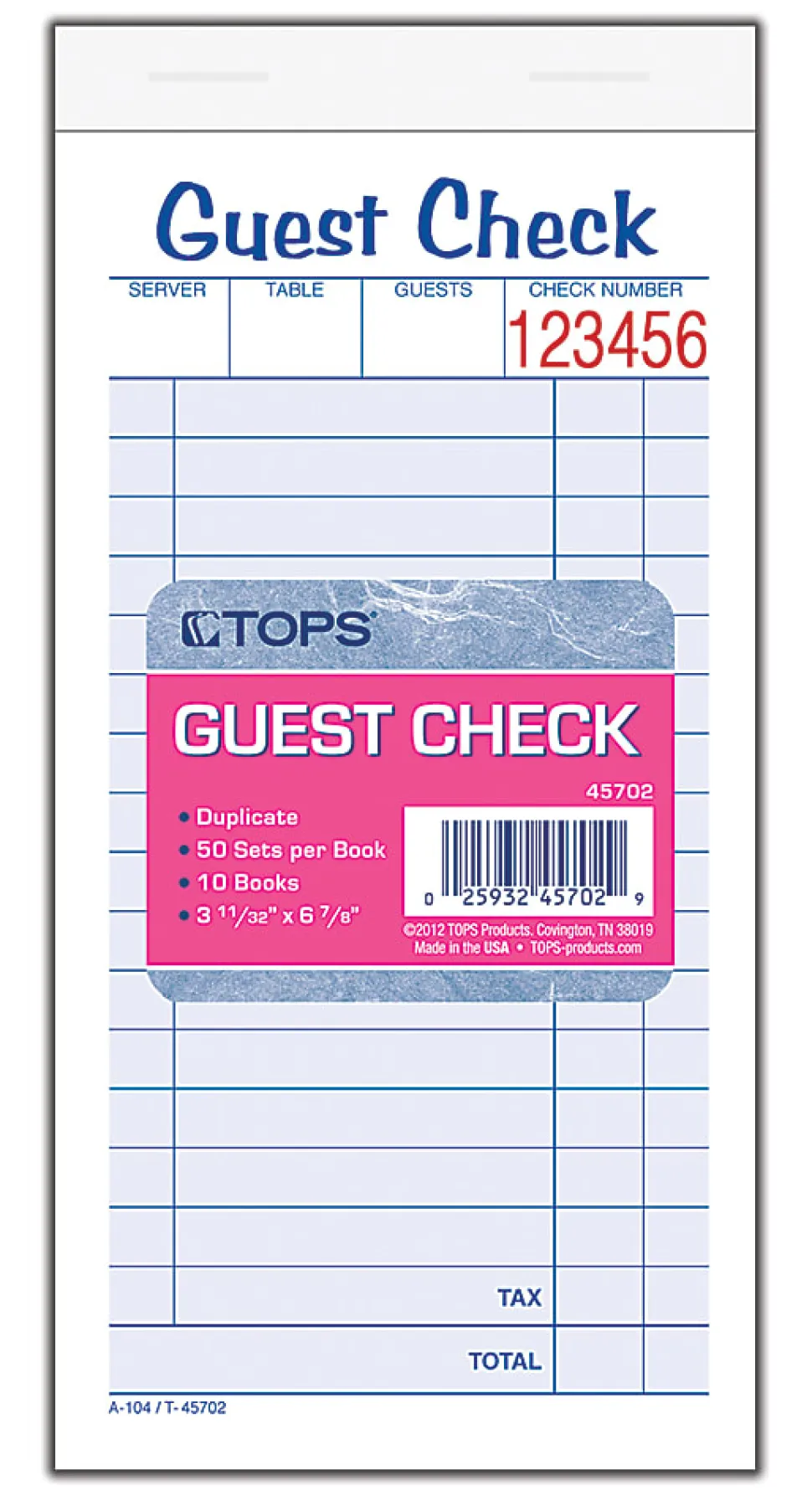 TOPS™ Guest Check Books, 2-Part Carbonless, 50 Sheets, Pack of 10