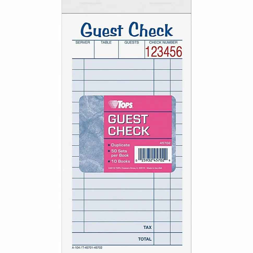 TOPS™ Guest Check Books, 2-Part Carbonless, 50 Sheets, Pack of 10