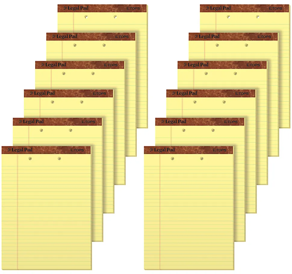 TOPS™ 2-Hole Punched Perforated Writing Pads, 8 1/2" x 11 3/4", Legal Ruled, 50 Sheets, Canary, Pack Of 12 Pads