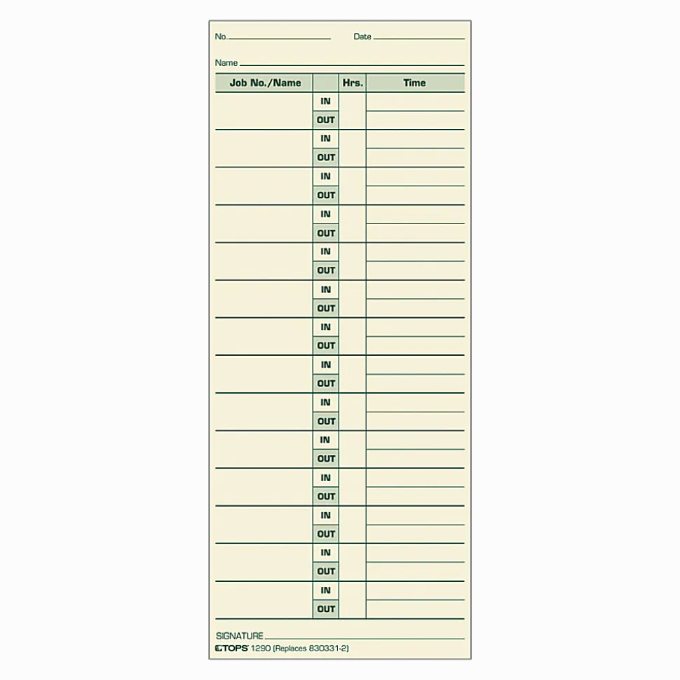 TOPS® Job Cards Time Cards, 8.5" x 3.5", Green Ink/Manila Paper, Box Of 500