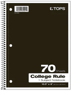 TOPS® Notebook, 8" x 10 1/2", 1-Subject, College Ruled, 140 Pages (70 Sheets), Assorted Colors