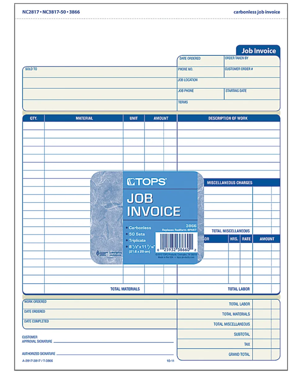 TOPS® 3-Part Job Invoices, 8 1/2" x 11", Pack Of 50 Sets