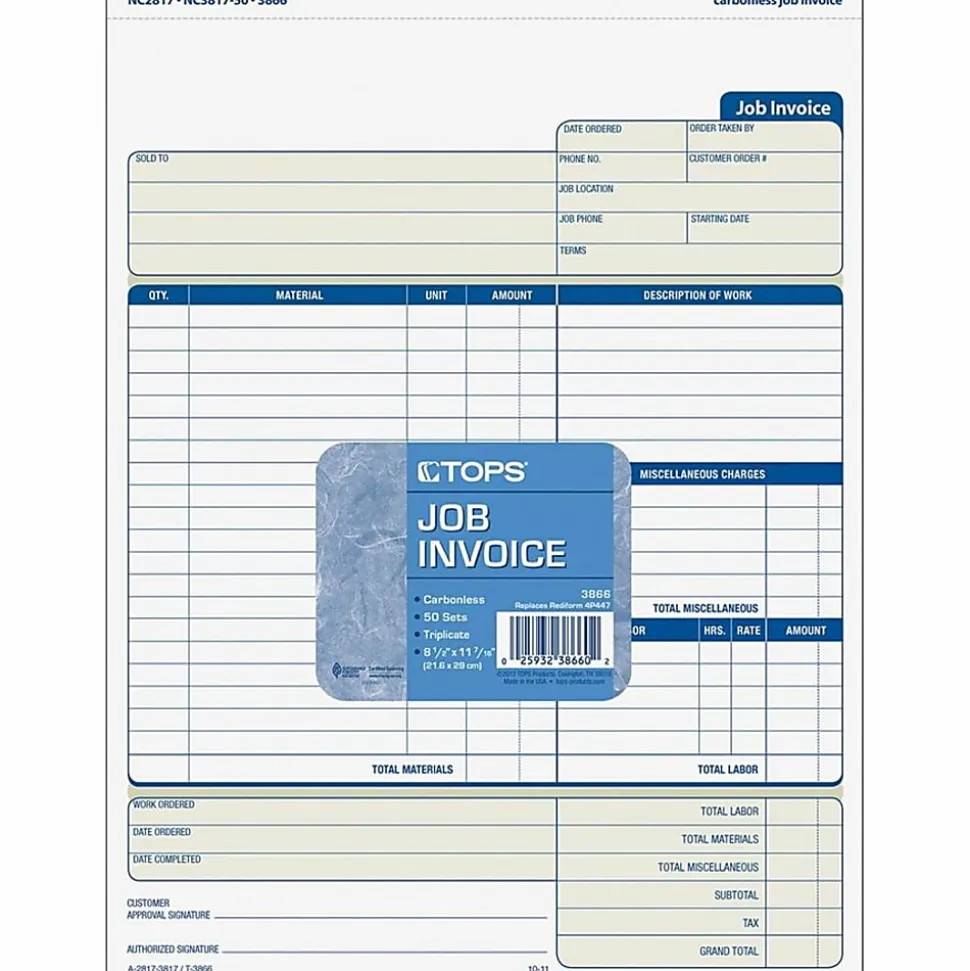 TOPS® 3-Part Job Invoices, 8 1/2" x 11", Pack Of 50 Sets