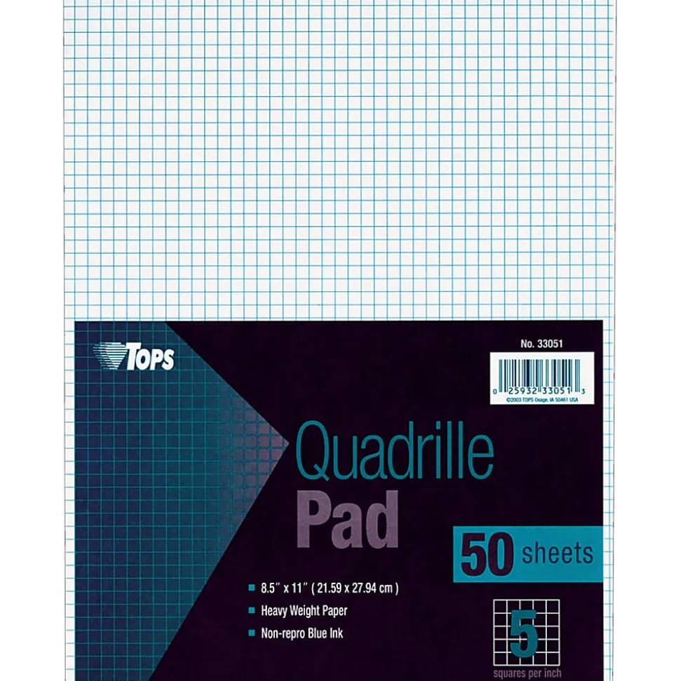 TOPS™ Quadrille Pads, 5 x 5 Squares/Inch, 50 Sheets, White/Blue