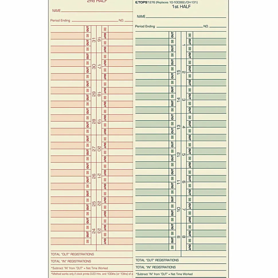 TOPS® Time Cards (Replaces Original Cards 10-100372 & CH131), Numbered Days, 2-Sided, Semi-Monthly Format, 10 1/2" x 3 1/2", Box Of 500