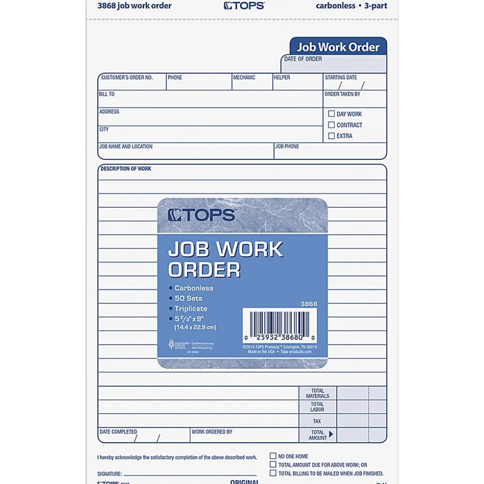 TOPS® Triplicate Carbonless Job Work Orders, 5 1/2" x 8 1/2", Pack Of 50 Forms