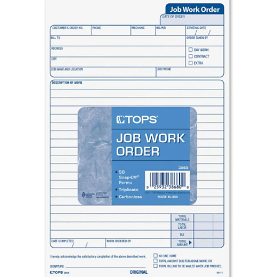 TOPS® Triplicate Carbonless Job Work Orders, 5 1/2" x 8 1/2", Pack Of 50 Forms