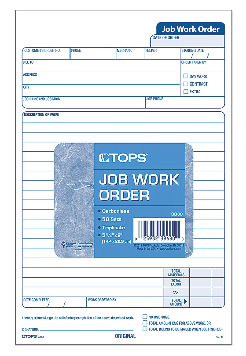 TOPS® Triplicate Carbonless Job Work Orders, 5 1/2" x 8 1/2", Pack Of 50 Forms