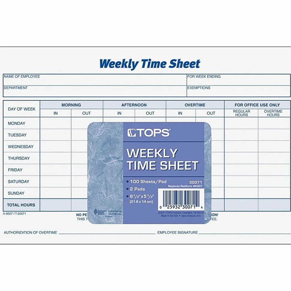 TOPS® Weekly Timesheet Form, 5.5" x 8.5", White/Blue, 100 Sheets Per Pad, 2 Pads Per Pack