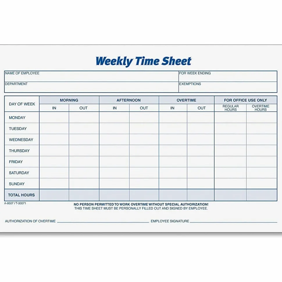 TOPS® Weekly Timesheet Form, 5.5" x 8.5", White/Blue, 100 Sheets Per Pad, 2 Pads Per Pack