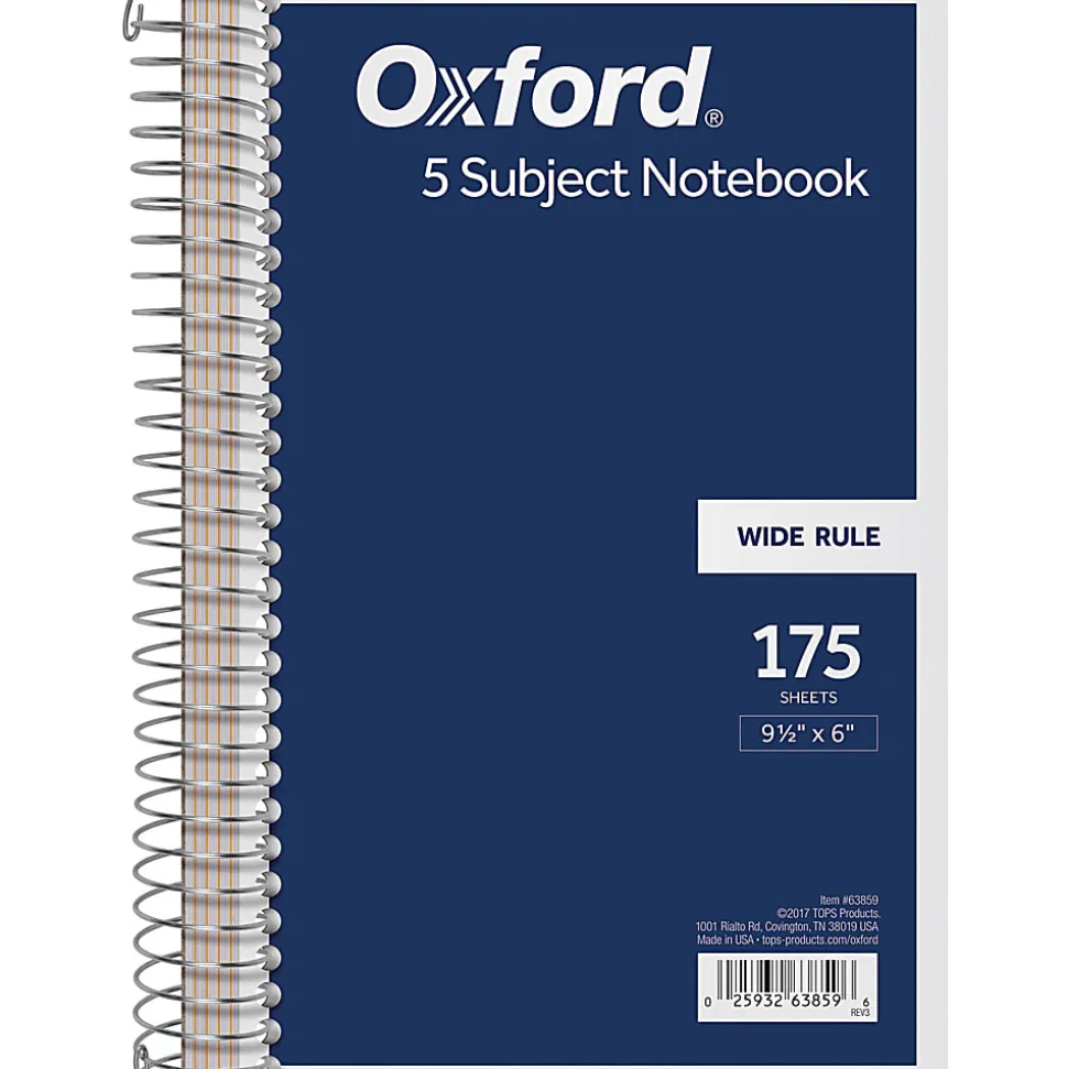 TOPS® Wirebound Notebook, 6" x 9 1/2", 5 Subject, 175 Sheets, Navy