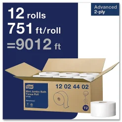 Tork Advanced Mini-Jumbo Roll 2-Ply Bath Tissue, 2-5/16” x 3-1/2”, White, 320 Sheets Per Roll, Carton Of 12 Rolls