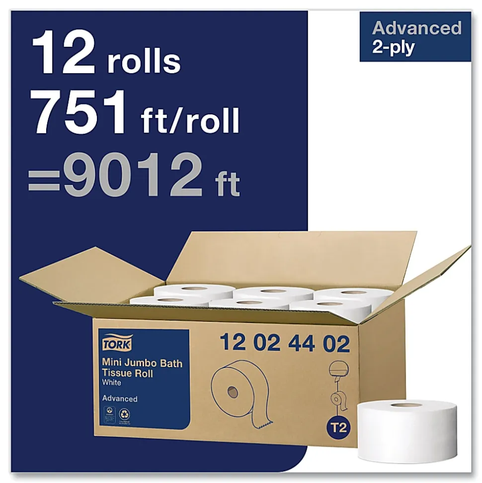 Tork Advanced Mini-Jumbo Roll 2-Ply Bath Tissue, 2-5/16” x 3-1/2”, White, 320 Sheets Per Roll, Carton Of 12 Rolls