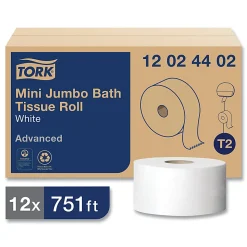 Tork Advanced Mini-Jumbo Roll 2-Ply Bath Tissue, 2-5/16” x 3-1/2”, White, 320 Sheets Per Roll, Carton Of 12 Rolls