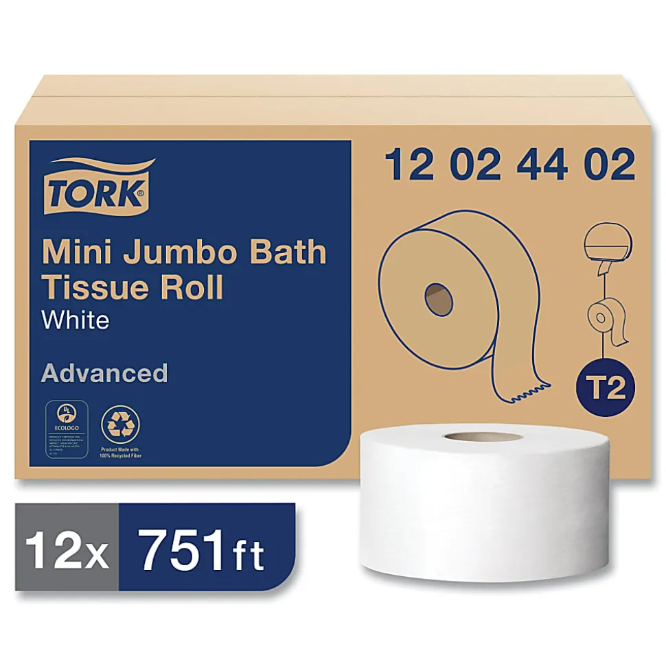 Tork Advanced Mini-Jumbo Roll 2-Ply Bath Tissue, 2-5/16” x 3-1/2”, White, 320 Sheets Per Roll, Carton Of 12 Rolls