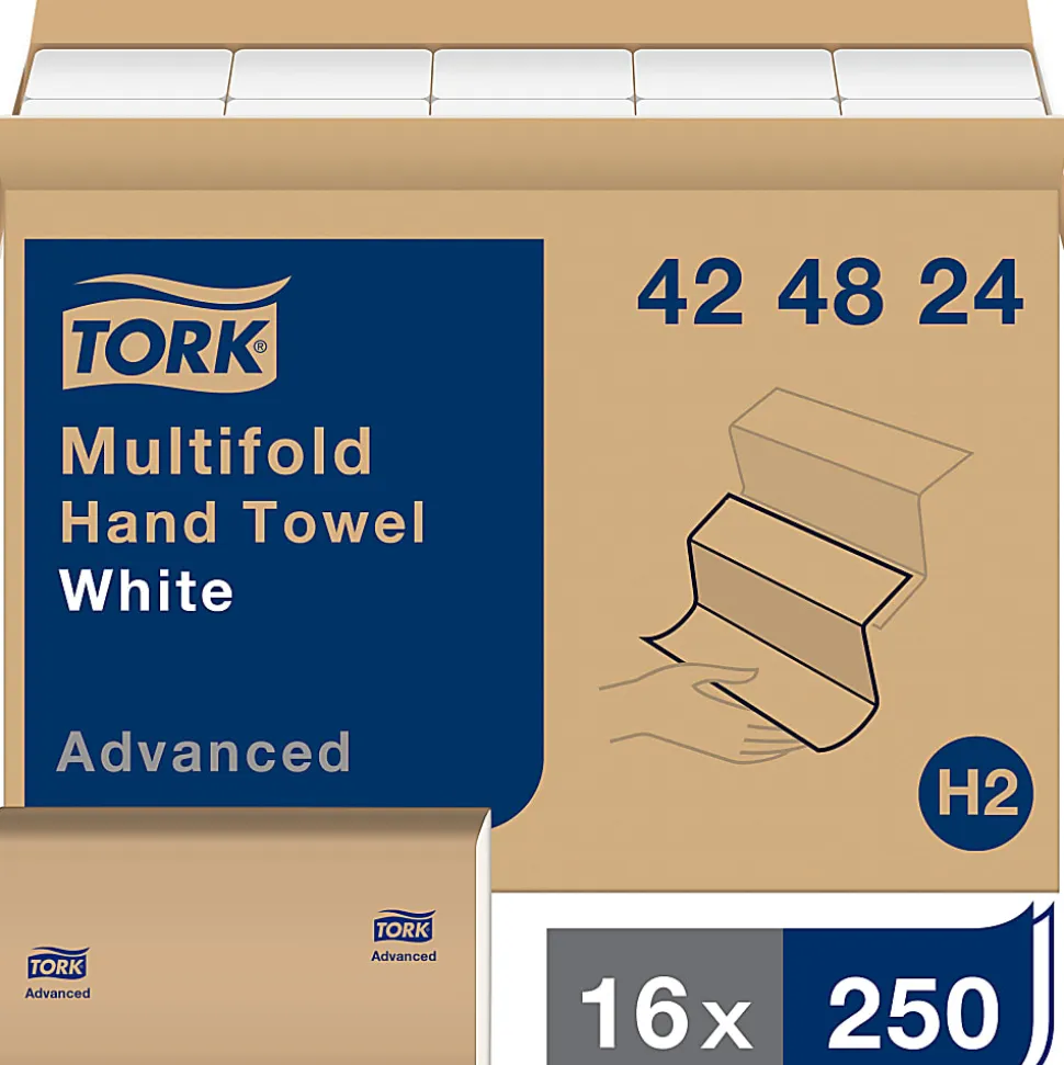 Tork Multifold H2 1-Ply Hand Towels, 9-1/2" x 9", White, 250 Sheets Per Pack, Case Of 16 Packs