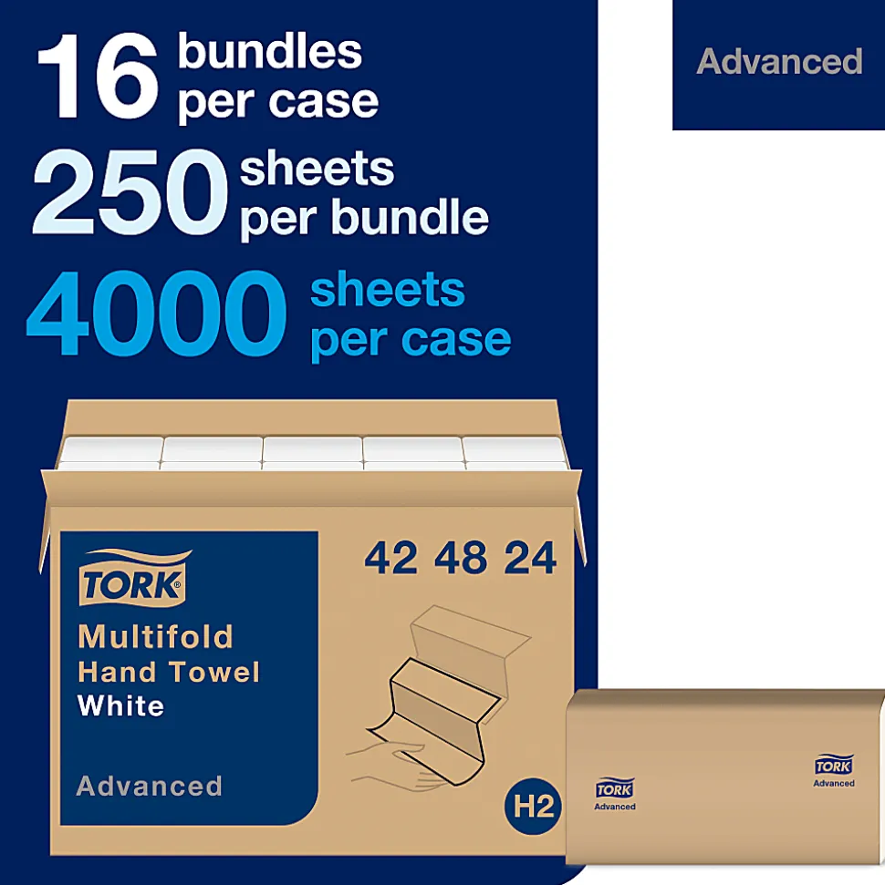 Tork Multifold H2 1-Ply Hand Towels, 9-1/2" x 9", White, 250 Sheets Per Pack, Case Of 16 Packs