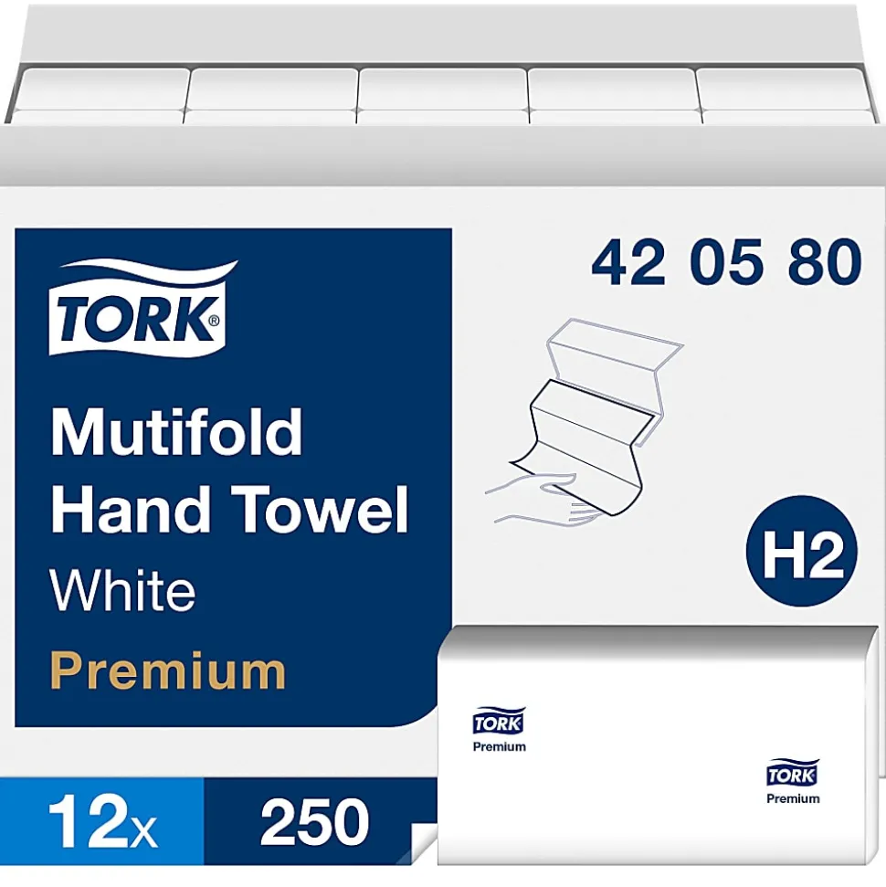 TORK Premium Multifold Hand Towel - 1 Ply - Multifold - 9" x 9.50" - White - Paper - Absorbent, Quick Drying - For Hand, Washroom - 250 / Sleeve